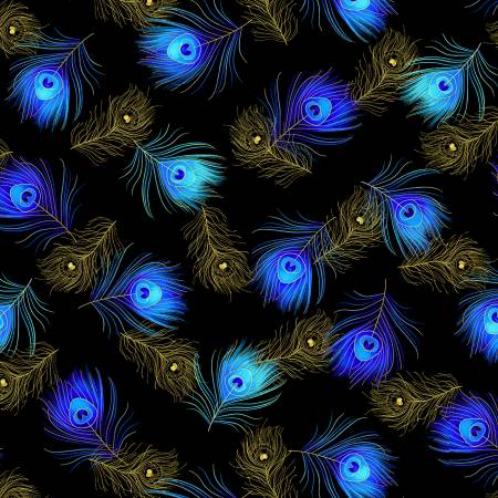 Royal Plume Peacock Feathers Black Metallic Timeless Treasures Cotton Fabric