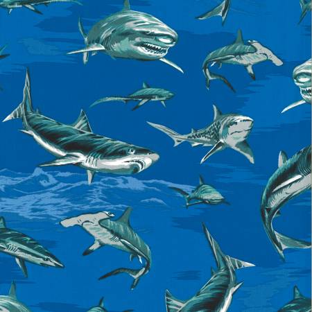 Sharks Royal Blue Waters Hoffman Fabrics Cotton Fabric