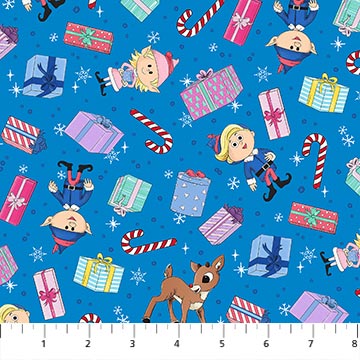 Rudolph The Red-Nose Reindeer Presents Blue Northcott Cotton Fabric NC-RD1005-47