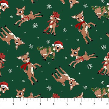 Rudolph The Red-Nose Reindeer Rudolph Toss Dark Green Northcott Cotton Fabric NC-RD1001-78
