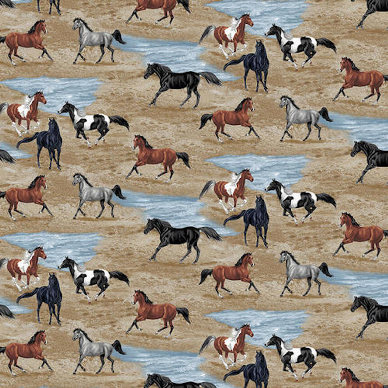 Running Free Scenic Horses Sand Beige Studio E  Cotton Fabric