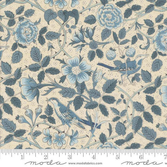 Sacre Bleu Oiseaux Florals Birds Pearl French Blue French General Moda Cotton Fabric