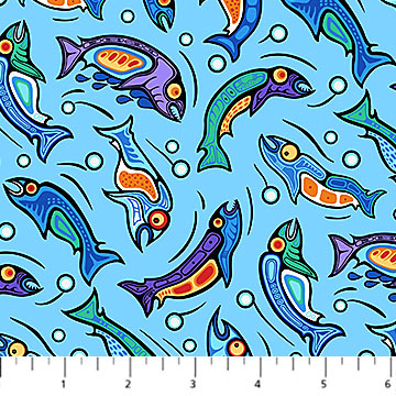 Sacred Earth Fish Light Blue Multi Mark Anthony Jacobson Northcott Cotton Fabric