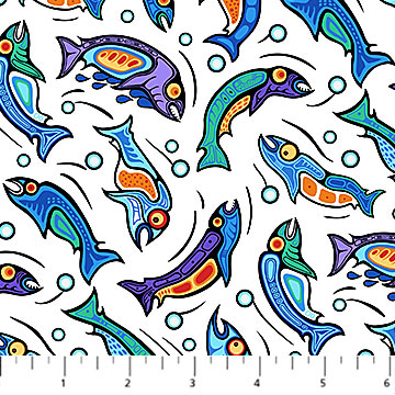 Sacred Earth Fish White Multi Mark Anthony Jacobson Northcott Cotton Fabric