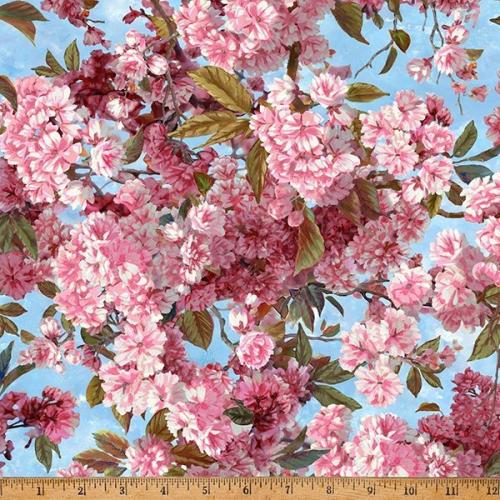 Sakura Blooms Floral Sakura Tree Flowers Petals Blossom Blue Hoffman Cotton Fabric