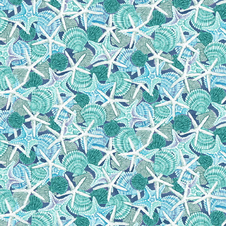 Salt and Sea Packed Shells and Starfish Blue Andrea Tachiera Henry Glass Cotton Fabric