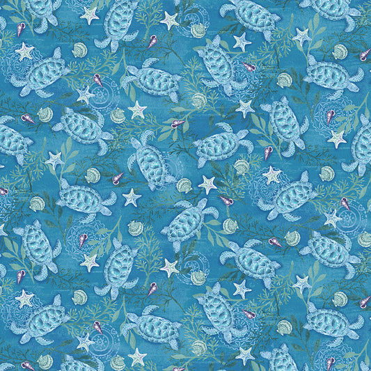 Salt and Sea Sea Turtles Dark Blue Andrea Trachiera Henry Glass Cotton Quilting Fabric