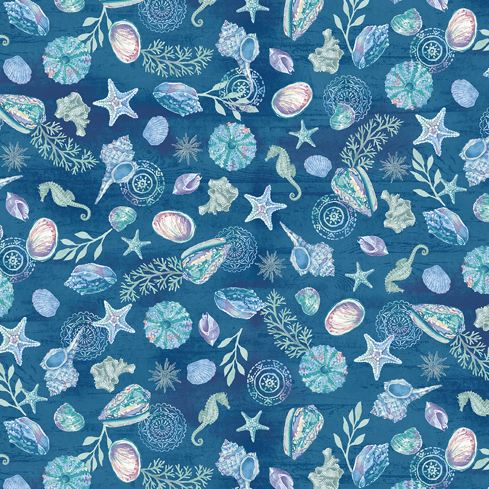 Salt and Sea Shells and Seahorses Dark Blue Andrea Tachiera Henry Glass Cotton Quilting Fabric