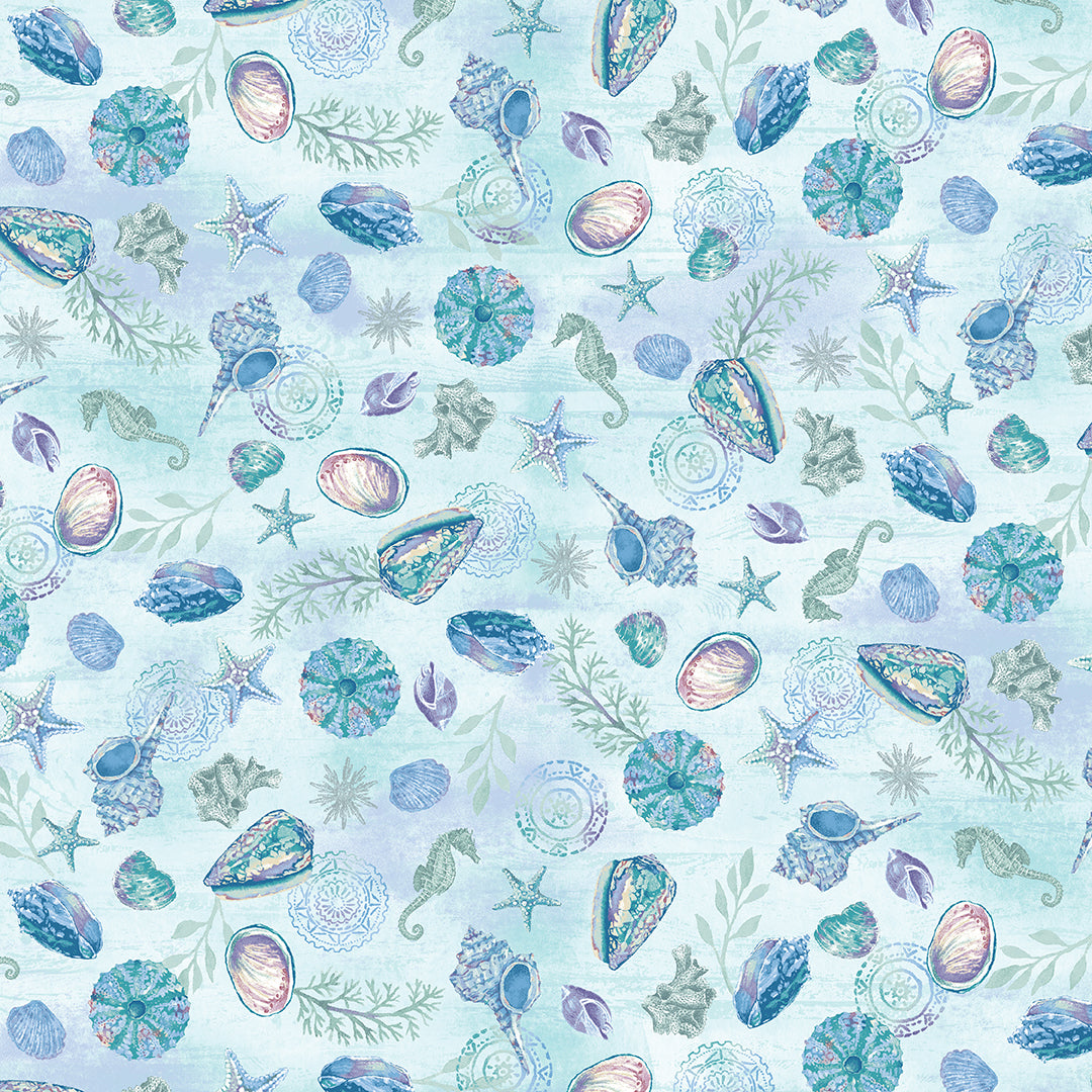 Salt and Sea Shells & Seahorses Light Blue Andrea Tachiera Henry Glass Cotton Fabric