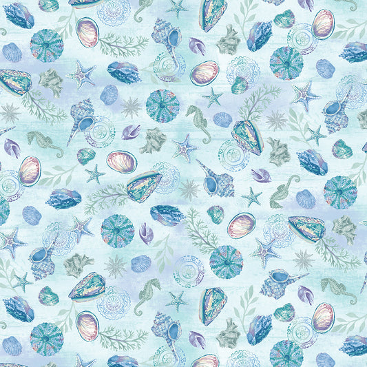 Salt and Sea Shells & Seahorses Light Blue Andrea Tachiera Henry Glass Cotton Fabric