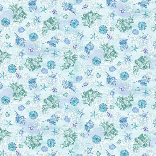 Salt and Sea Small Shells Allover Blue Andrea Trachiera Henry Glass Cotton Fabric