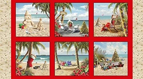 Sandy Santa Clause Beach Panel 24" Elizabeth's Studio Cotton Fabric