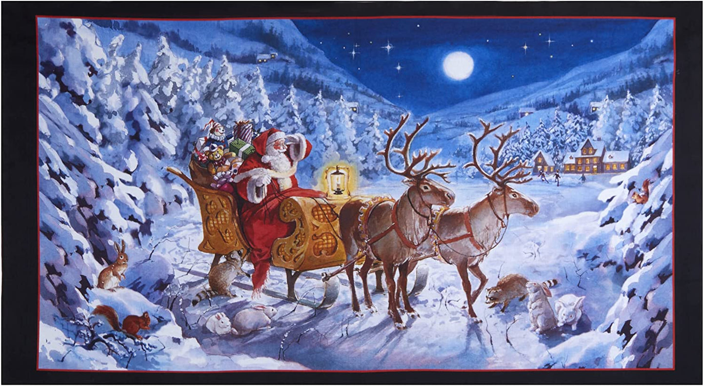 Santa Claus is Coming Panel 24" Black Elizabeth's Studio 100% Cotton Quilting Fabric