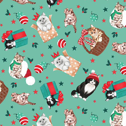 Santa Paws Purrfect Package Green Jo Taylor 3 Wishes Cotton Fabric