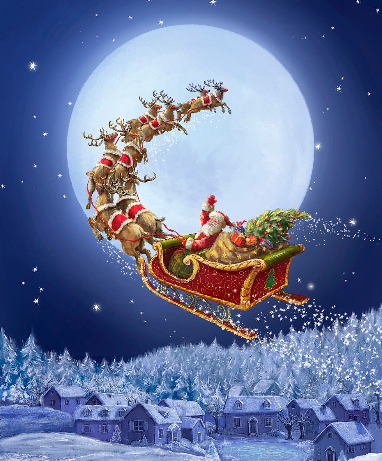 Santa Sled Reindeer Moon To All a Goodnight Christmas Time is Here Panel 36" Riley Blake Cotton Fabric