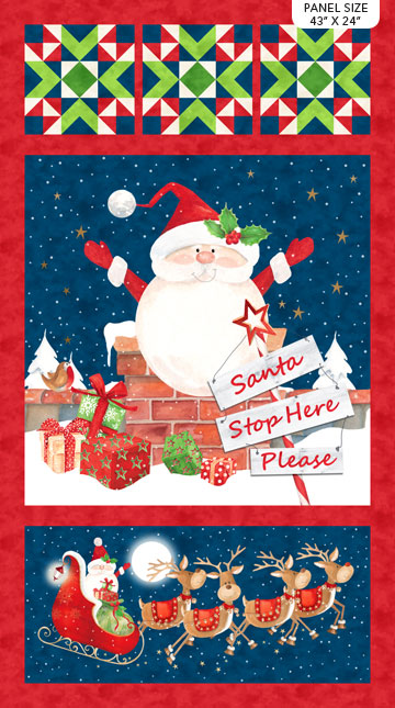 Santa Stop Here Santa Claus Panel 24" Navy Blue Multi Karen Tye Bentley Northcott Cotton Fabric | US Fabric Shop