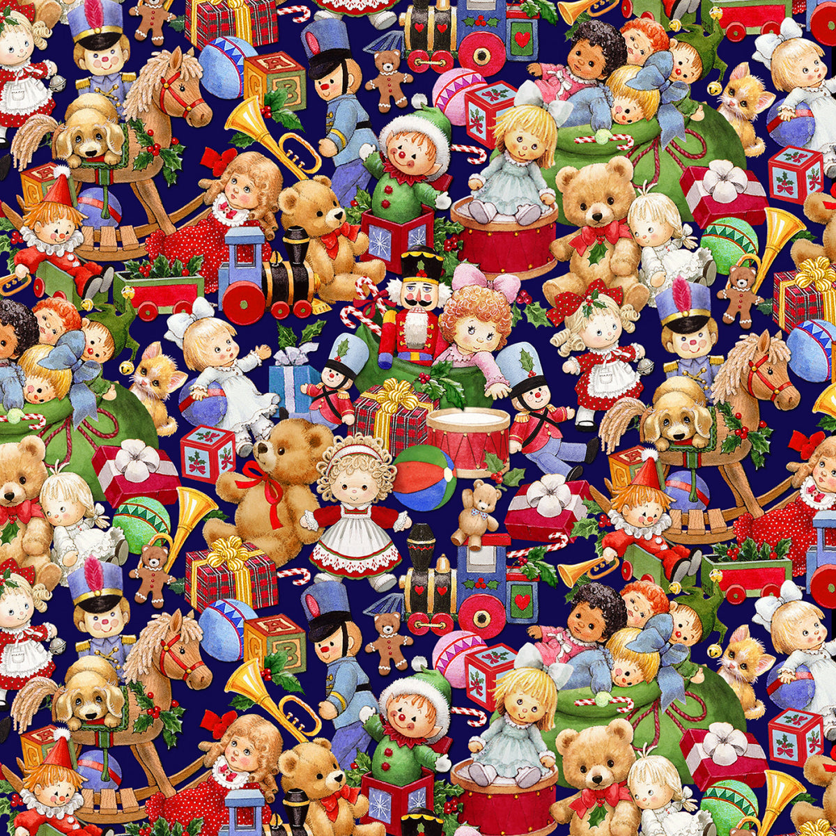 Santa's List Packed Toys Midnight Blue Morehead Inc. Elizabeth's Studio Cotton Fabric | US Fabric Shop