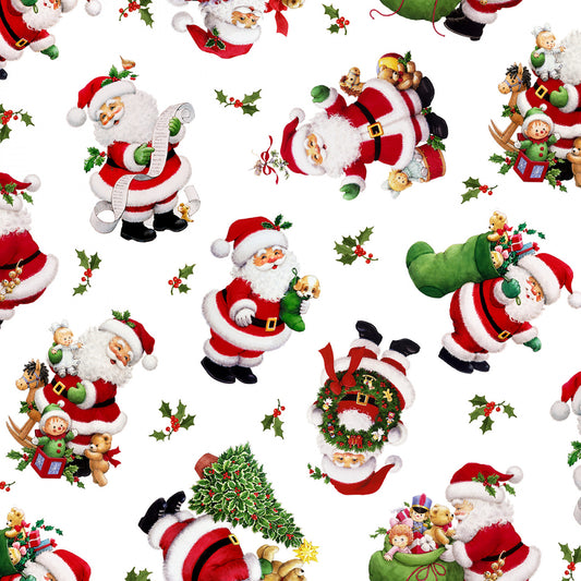 Santa's List Tossed Santas White Morehead Inc. Elizabeth's Studio Cotton Fabric