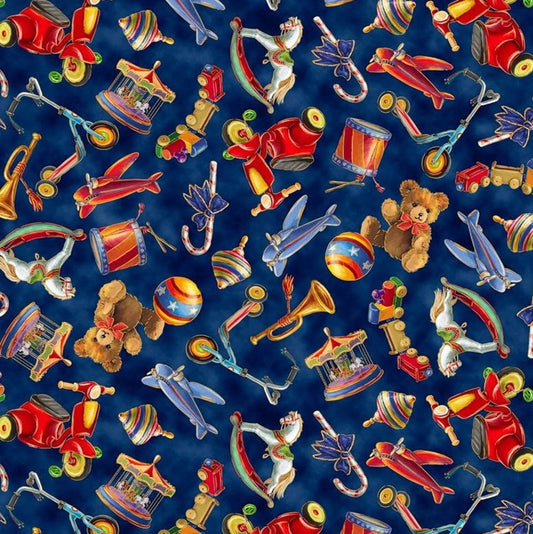 Santa's Night Out Tossed Toys Navy Blue Marcello Corti Quilting Treasures