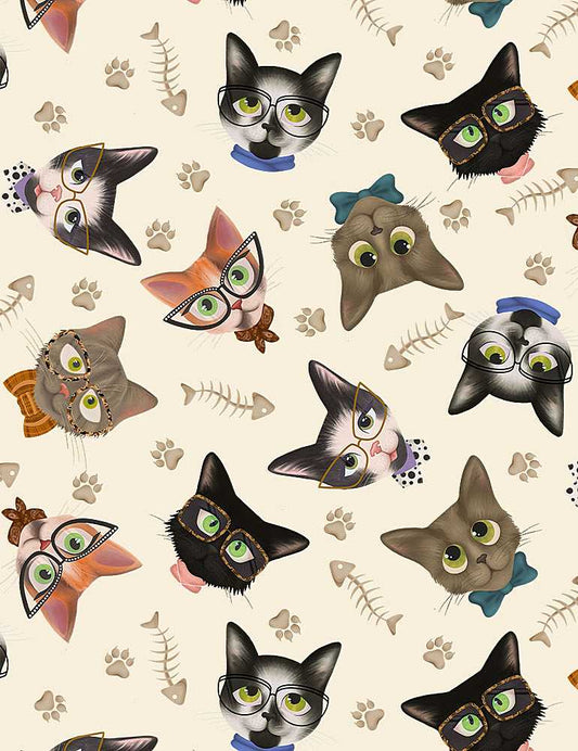 Sassy Cats Tossed Cat Heads Glasses Sage Larkin Timeless Treasures Cotton Fabric