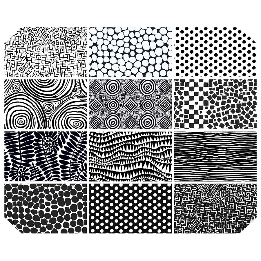 Black and White Fat Quarter Bundle 18"X21" 12pcs Kaffe Fassett Collective Free Spirit FS-FB4FQGP.BLACKWHITE