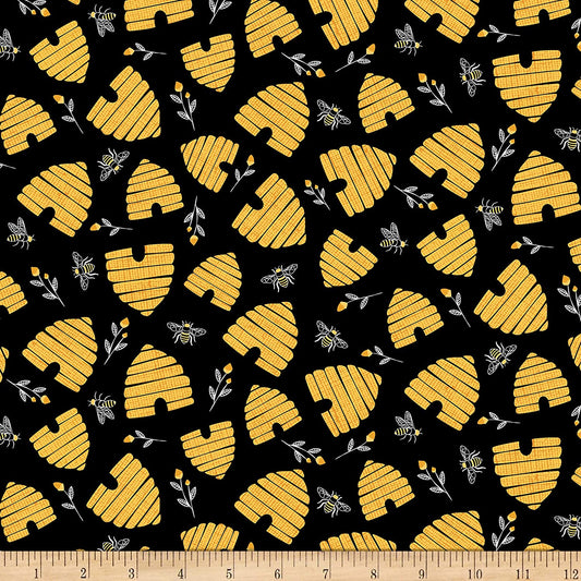 Save Bee Hives & Bees Black   Timeless Treasures Cotton Fabric