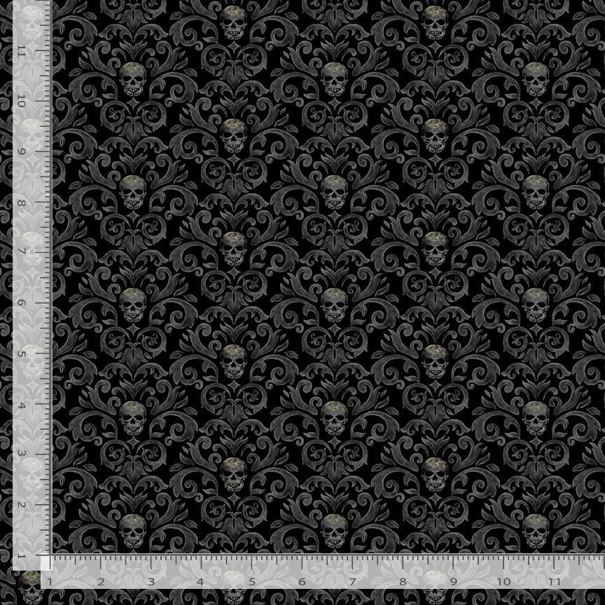Scaredy Cats Skull Damask Patterns Black Timeless Treasures Cotton Fabric TT-WICKED-CD3598-BLACK