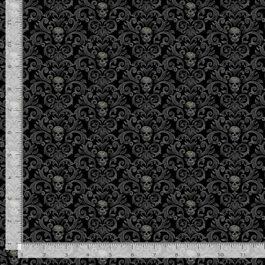 Scaredy Cats Skull Damask Patterns Black Timeless Treasures Cotton Fabric TT-WICKED-CD3598-BLACK