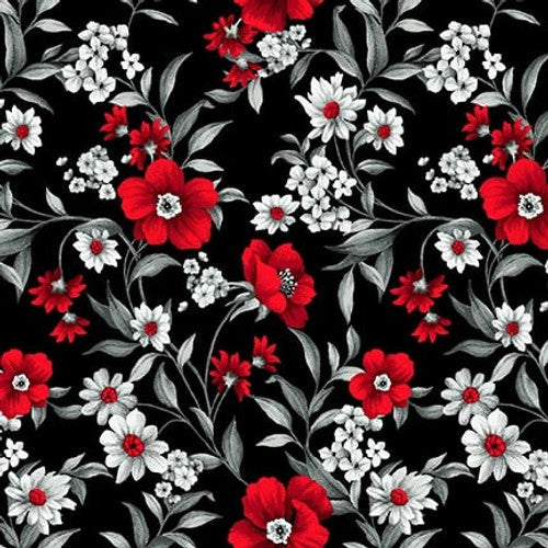 Scarlet Days & Nights Small Flowers Black Color Principle Henry Glass Cotton Fabric HG-3300-99