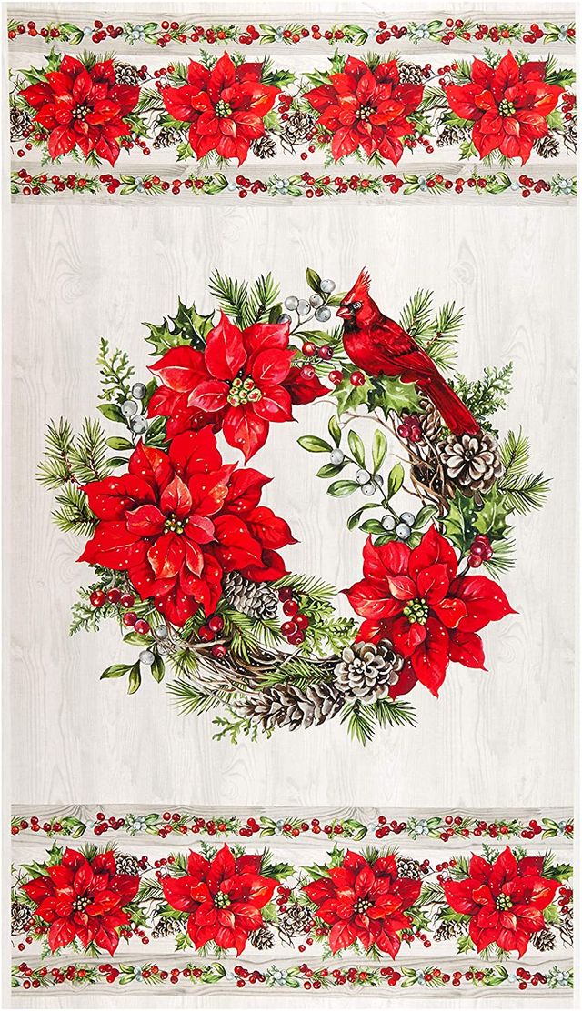 The Scarlet Feather Cardinal Wreath Poinsettia Panel 24" Pale Gray Northcott Cotton Fabric