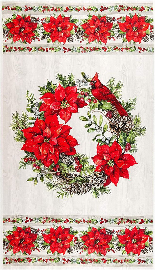The Scarlet Feather Cardinal Wreath Poinsettia Panel 24" Pale Gray Northcott Cotton Fabric