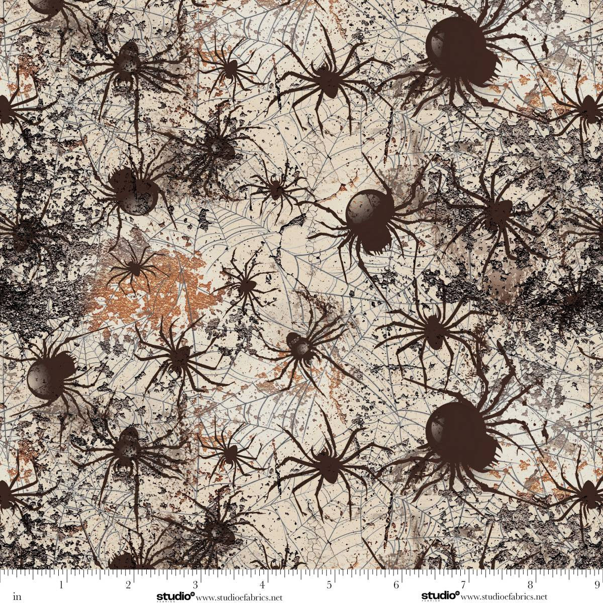 Scary Spice Spiders Sepia Ivory Black Funny Girl Studio E Cotton Fabric SE-8830-34