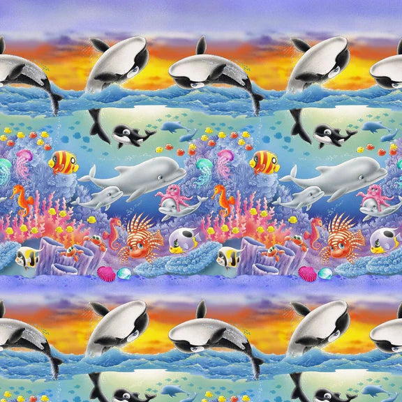 Sea World Sea Creature Border Stripe Aqua Blue Lorella Avinci Studio E Cotton Fabric | US Fabric Shop