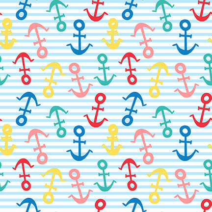 Seas the Day Tossed Anchors on a Stripe Multi Yellow Red Blue Green Pink Diane Eichler Studio E Cotton Fabric