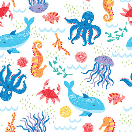 Seas the Day Tossed Sea Creatures Multi Octopus Seahorse Whale Jellyfish Fish Crab Diane Eichler Studio E Cotton Fabric