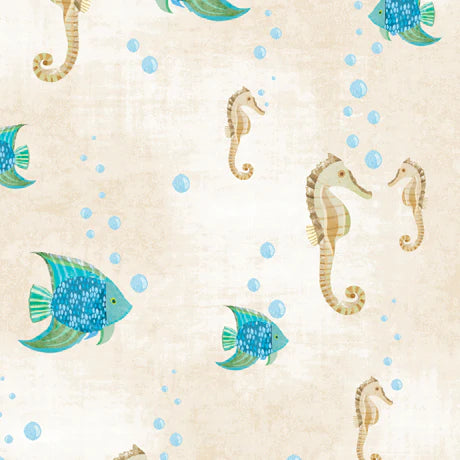 Seashore Seahorses & Fish in Beige Turnowsky Quilting Treasures Cotton Fabric