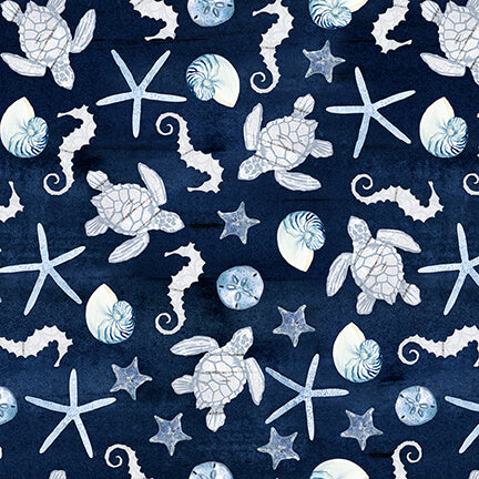 Seaside Serenity Mixed Sea Life Navy AJ's Watercolor Studio Blank Quilting Cotton Fabric