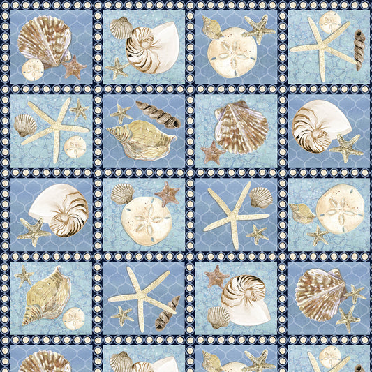 Seaside Serenity Sea Life Squares Medium Blue AJ's Watercolor Studio Blank Quilting Cotton Fabric