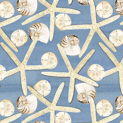 Seaside Serenity Starfish Medium Blue AJ's Watercolor Studio Blank Quilting Cotton Fabric