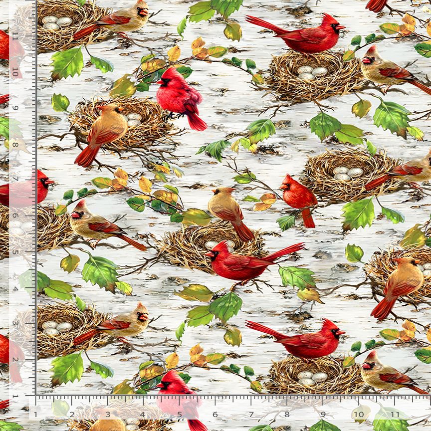 Secret Hollow Cardinals & Bird Nests Birch Ivory Dona Gelsinger Timeless Treasures Cotton Fabric TT-DONA-CD4269-BIRCH