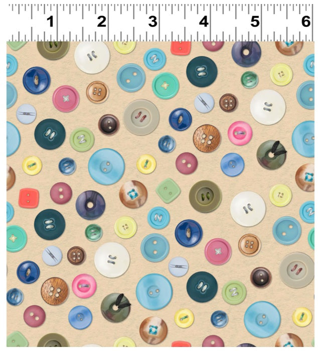Secret Life of Squirrels IV Buttons Khaki Nancy Rose Clothworks Cotton Fabric CLT-Y4900-12