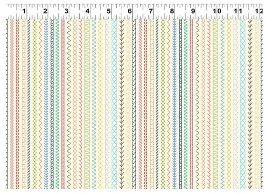 Secret Life of Squirrels IV Embroidery Stripes Cream Nancy Rose Clothworks Cotton Fabric CLT-Y4901-57