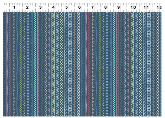 Secret Life of Squirrels IV Embroidery Stripes Dark Denim Blue Nancy Rose Clothworks Cotton Fabric CLT-Y4901-89