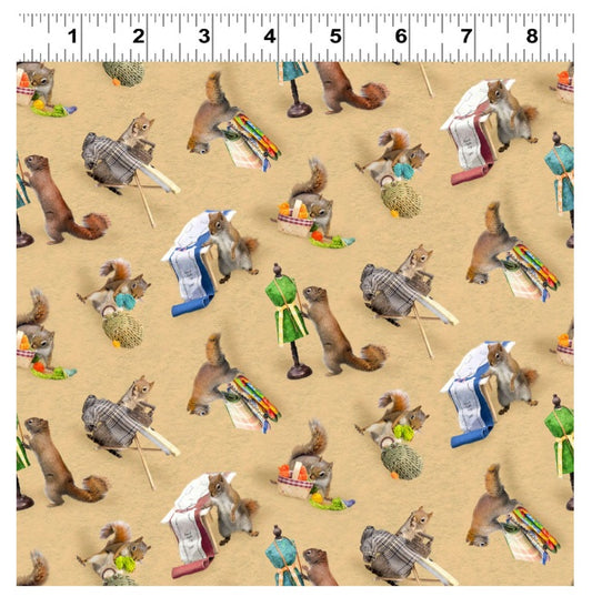 Secret Life of Squirrels IV Squirrels Caramel Nancy Rose Clothworks Cotton Fabric CLT-Y4898-55