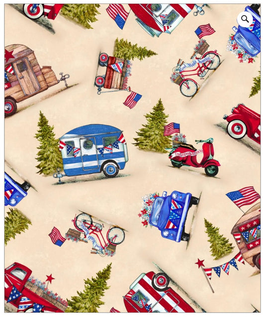 See America Campers and Bikers Beige Oasis Cotton Fabric OA-59-9091 