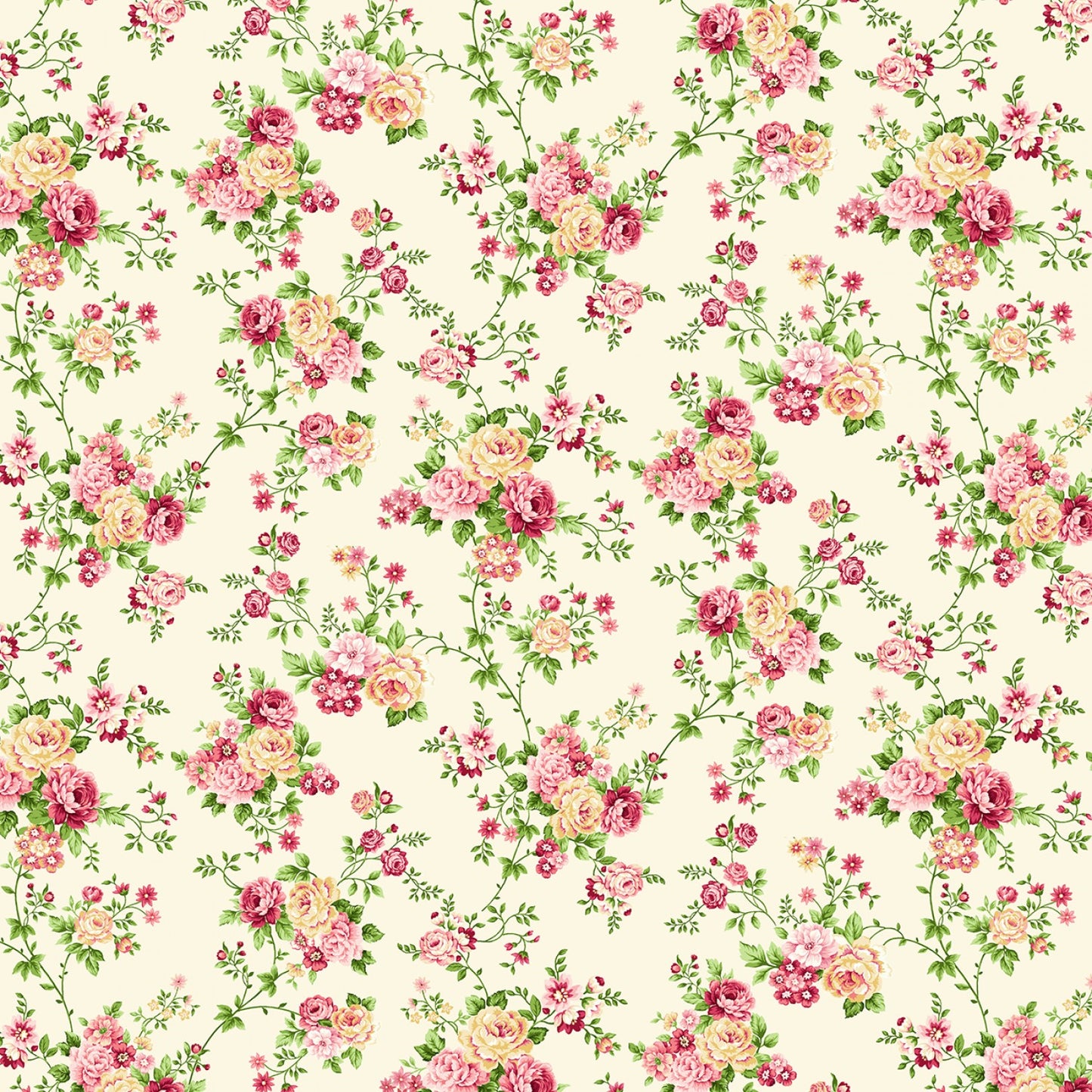 Serene Garden Floral Vines Roses Cream Mary Jane Carey Henry Glass Cotton Fabric