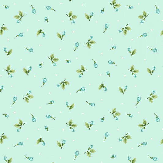 Serene Garden Rosebuds Tossed Aqua Blue Mary Jane Carey Henry Glass Cotton Fabric