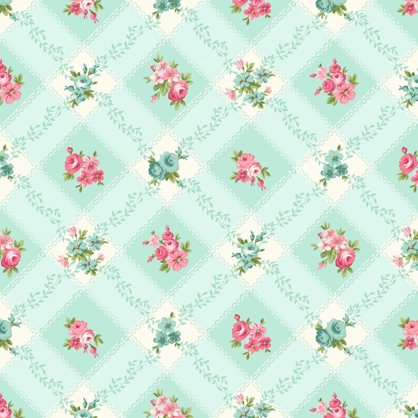 Serene Garden Trellis Florals Roses Aqua Blue Mary Jane Carey Henry Glass Cotton Fabric