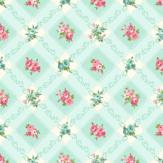 Serene Garden Trellis Florals Roses Aqua Blue Mary Jane Carey Henry Glass Cotton Fabric