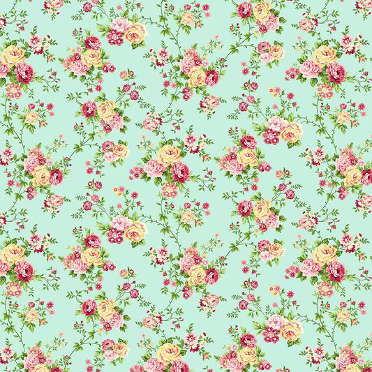 Serene Garden Floral Vines Roses Aqua Blue Mary Jane Carey Henry Glass Cotton Fabric